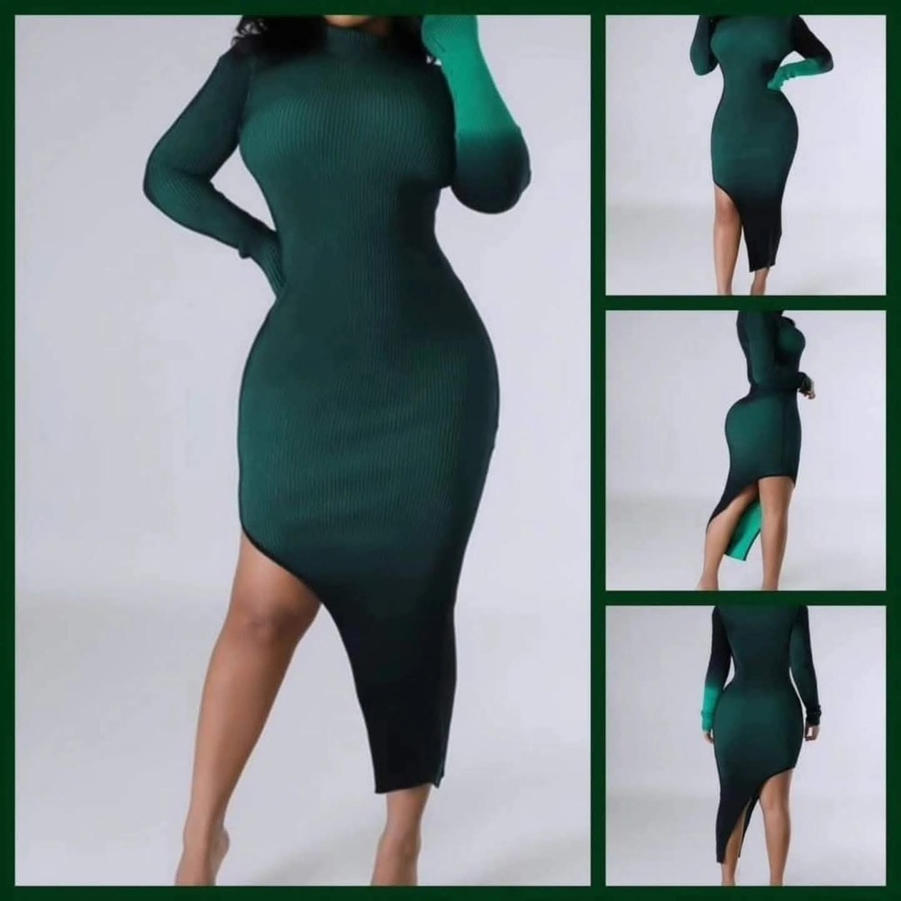 Good Time USA Green Black Ribbed Asymmetrical Bodycon Midi Dress Sz M NWT - Picture 9 of 9